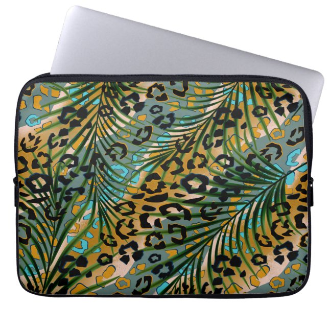 Palm leaves on a leopard background. laptop sleeve (Front)