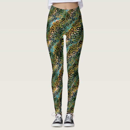 Palm leaves on a leopard background  leggings