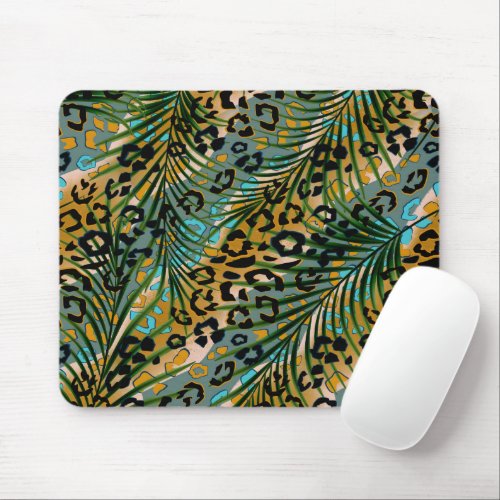 Palm leaves on a leopard background  mouse pad