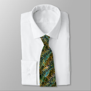 Palm leaves on a leopard background. neck tie