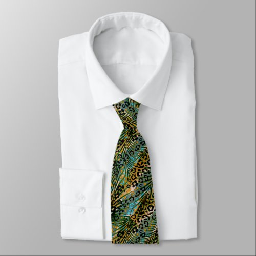 Palm leaves on a leopard background neck tie