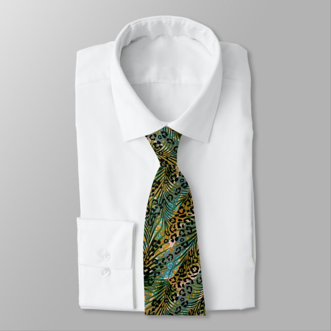 Palm leaves on a leopard background. neck tie (Tied)