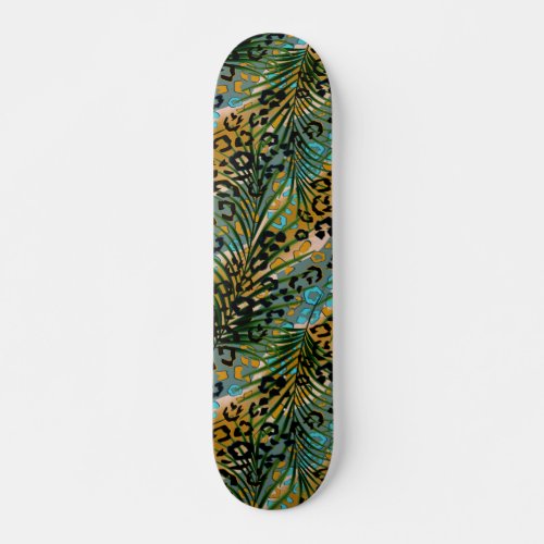 Palm leaves on a leopard background  skateboard