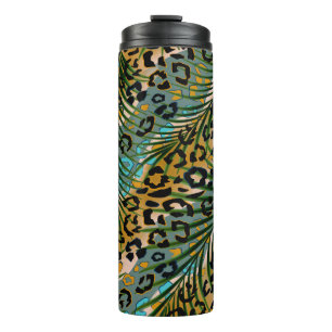Palm leaves on a leopard background. thermal tumbler