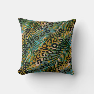 Palm leaves on a leopard background. throw pillow