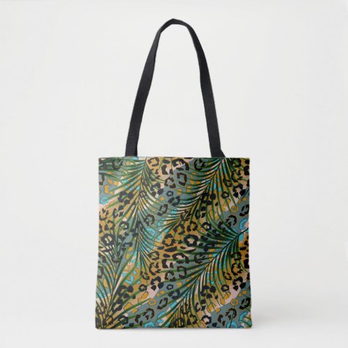 Palm leaves on a leopard background tote bag