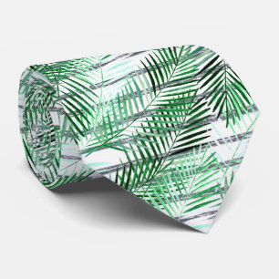 Palm leaves on a striped black and white backgroun neck tie