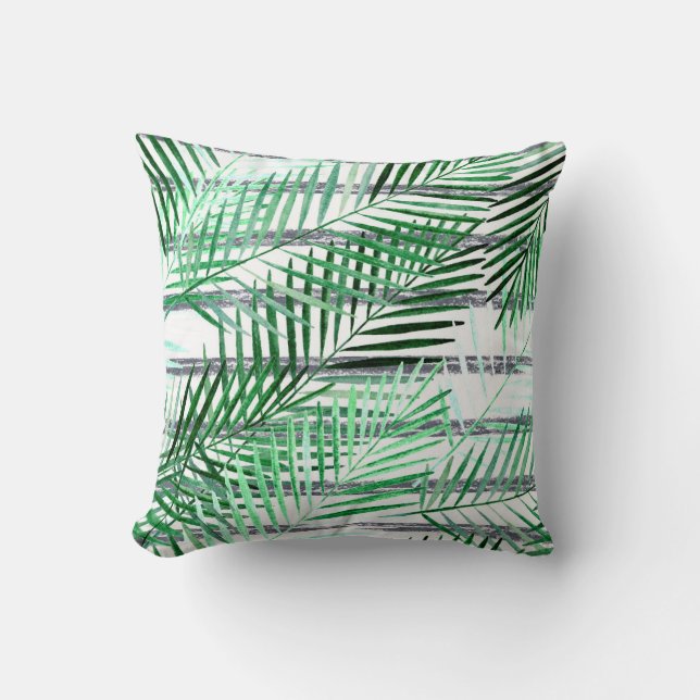 Palm leaves on a striped black and white backgroun throw pillow (Front)
