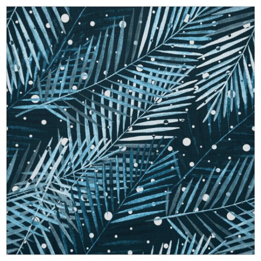 Palm leaves on blue with white polka dots. fabric