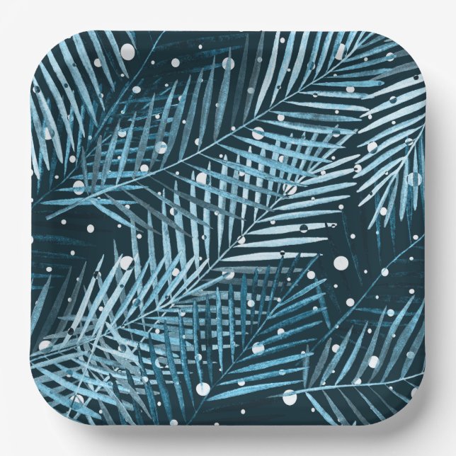 Palm leaves on blue with white polka dots. paper plates (Front)
