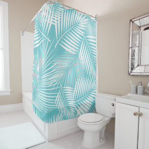 Palm Leaves on Turquoise Shower Curtain