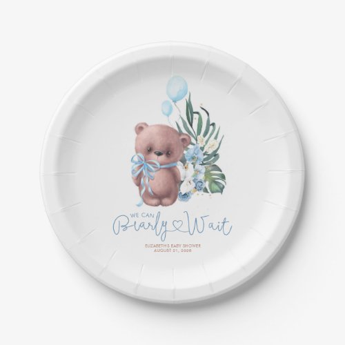 Palm Leaves Orchids Teddy Bear Baby Shower Blue Paper Plates