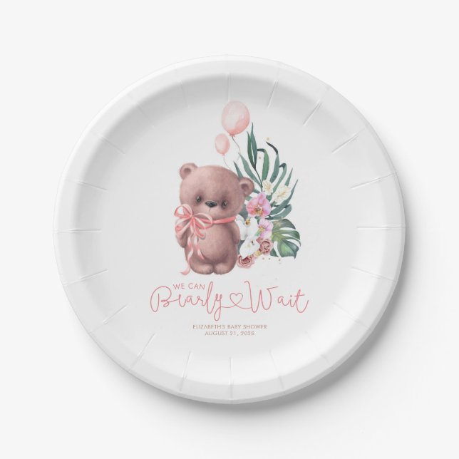 Palm Leaves Orchids Teddy Bear Baby Shower Girl Paper Plates (Front)