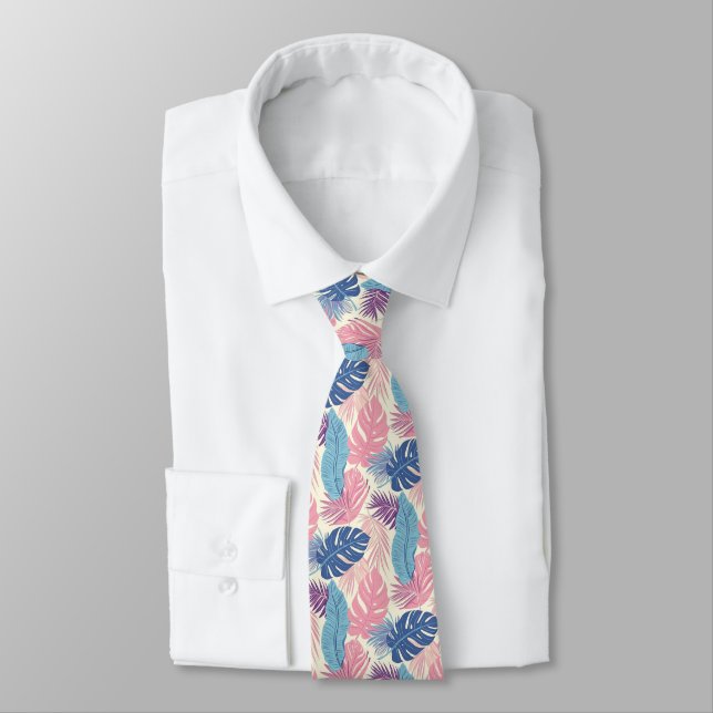Palm Leaves Pastel Navy Pink Pale Blue Neck Tie (Tied)