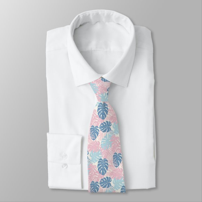 Palm Leaves Pastel Pink Blue Dusty Blue Neck Tie (Tied)