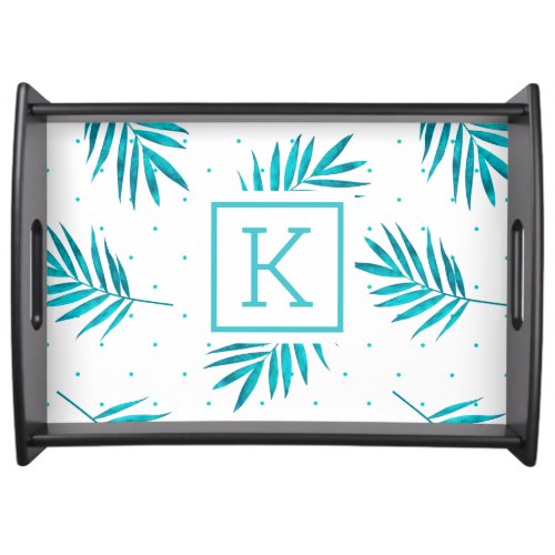 Palm leaves pattern blue_green  white monogram serving tray