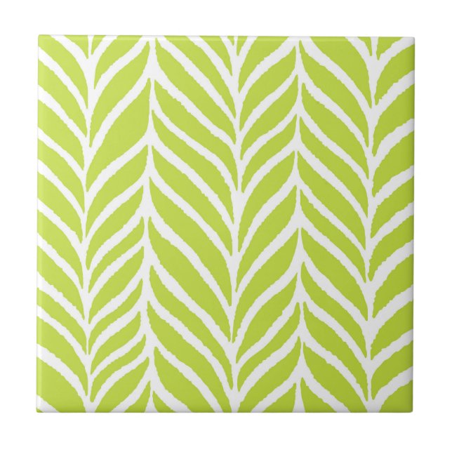 Palm Leaves Pattern Chartreuse Green Ceramic Tile (Front)