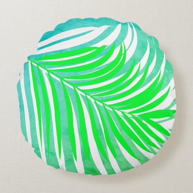Palm Leaves Pattern Green Teal Blue Tropical Gift Round Pillow (Front)