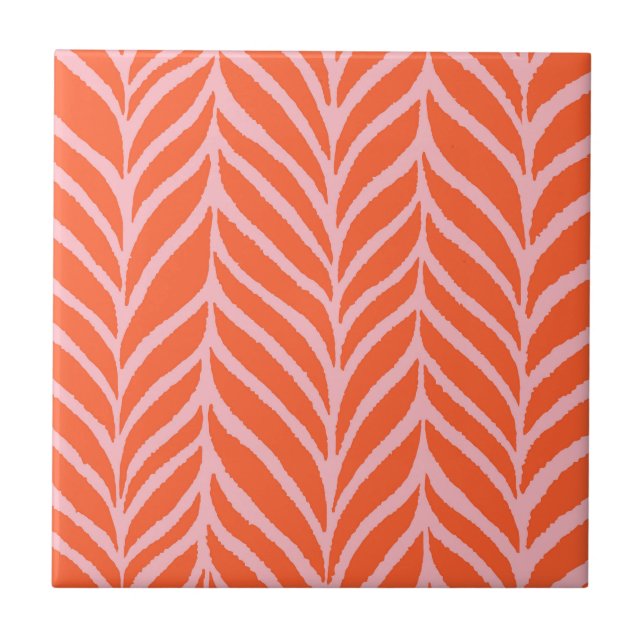 Palm Leaves Pattern Orange and Pink Ceramic Tile (Front)