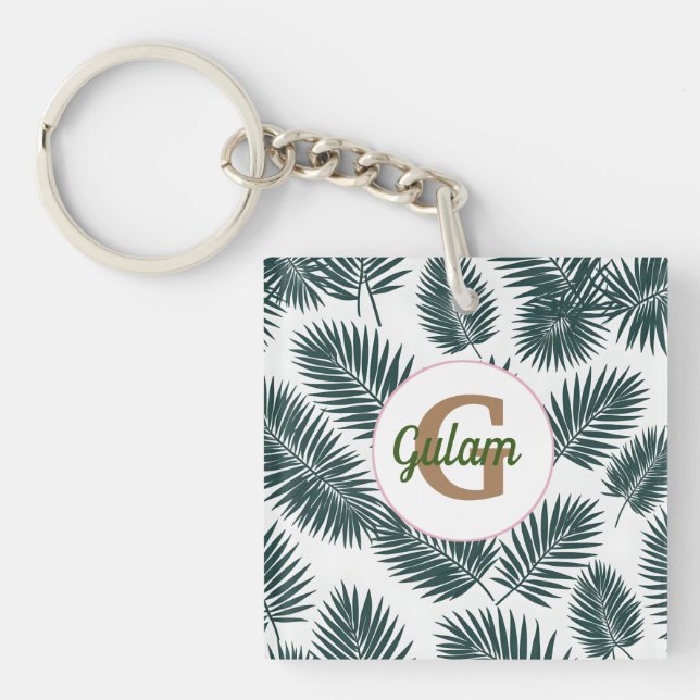 Palm leaves pattern personalized name and initial keychain (Front)