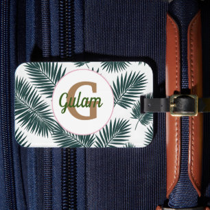 Palm leaves pattern personalized name and initial luggage tag