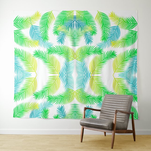 Palm Leaves Pattern Tapestry | Tropical Green Wall (In Situ (Horizontal))