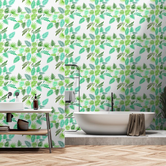 Palm Leaves Peel and Stick Tropical modern green  Wallpaper (Bathroom)