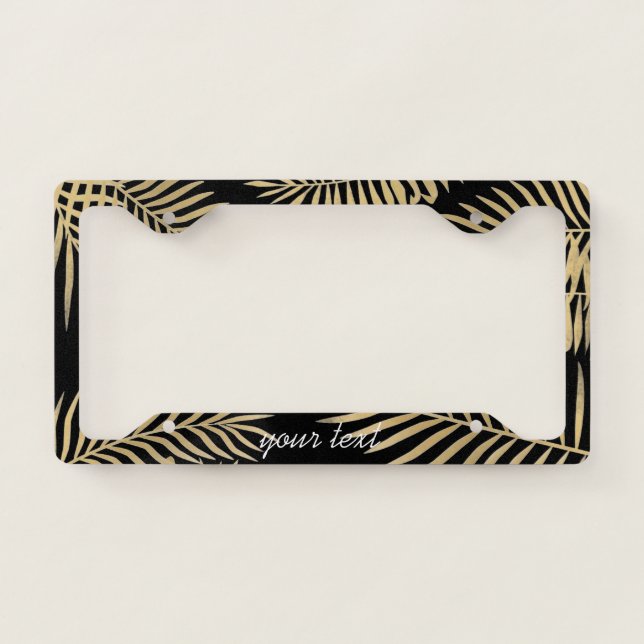 Palm Leaves Personalized Black Gold License Plate Frame (Front)