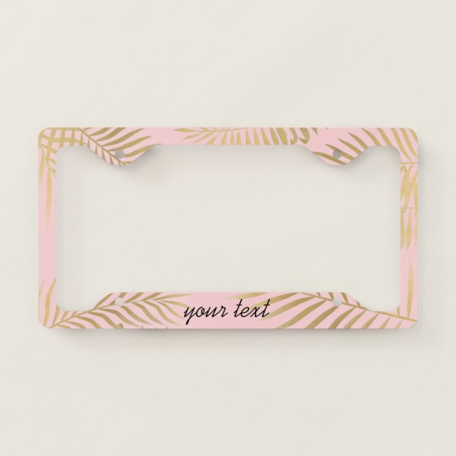 Palm Leaves Personalized Pink Gold License Plate Frame (Front)