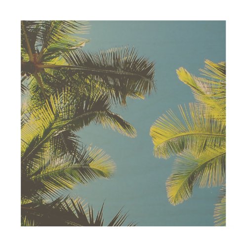 Palm Leaves Photo Tropical Summer Sky Retro Vibe Wood Wall Art