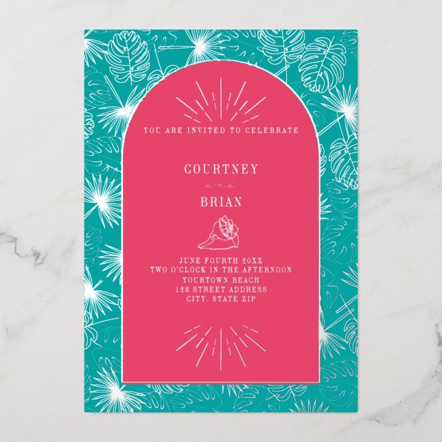 Palm Leaves Pink + Blue Beach Wedding  Foil Invitation (Front)
