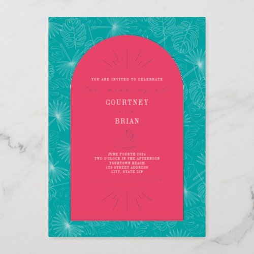 Palm Leaves Pink  Blue Seashell Foil  Foil Invitation