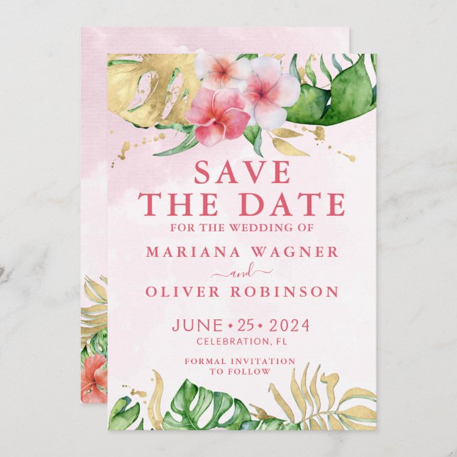 Palm Leaves Pink Gold Save the Date Invitation (Front/Back)