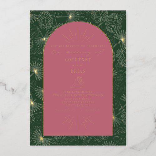 Palm Leaves Pink  Green Beach Wedding Foil Invitation