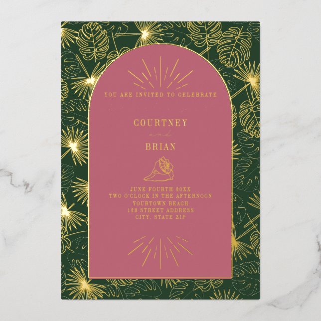 Palm Leaves Pink + Green Beach Wedding Foil Invitation (Front)