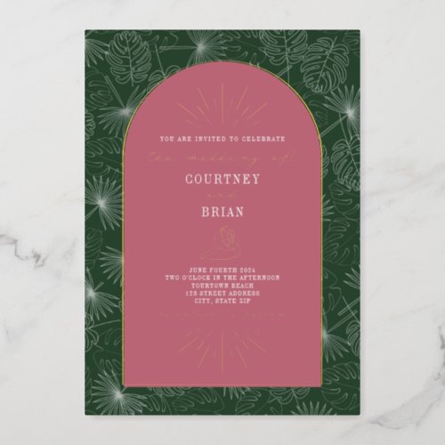 Palm Leaves Pink  Green Seashell Foil Invitation