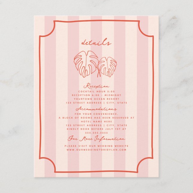 Palm Leaves Pink Stripe Wedding Details Enclosure Card (Front)