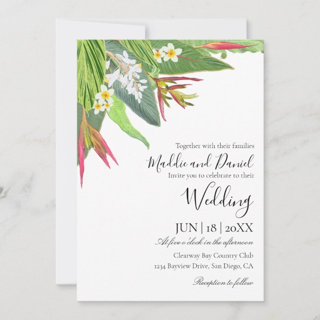 Palm Leaves Plumeria Tropical Elegant Wedding Invitation (Front)