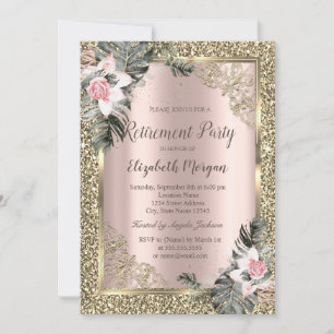 Palm Leaves Roses,Rose Gold Retirement Invitation