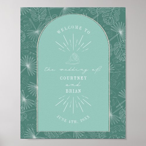 Palm Leaves Seashell Aqua Wedding Welcome Poster