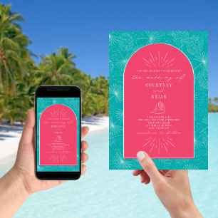 Palm Leaves Seashell Pink Blue Beach Wedding Invitation