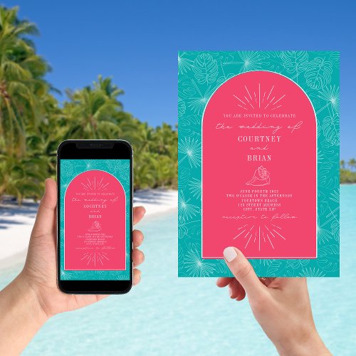 Palm Leaves Seashell Pink Blue Beach Wedding Invitation