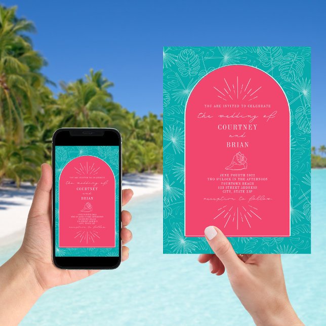 Palm Leaves Seashell Pink Blue Beach Wedding Invitation (Creator Uploaded)