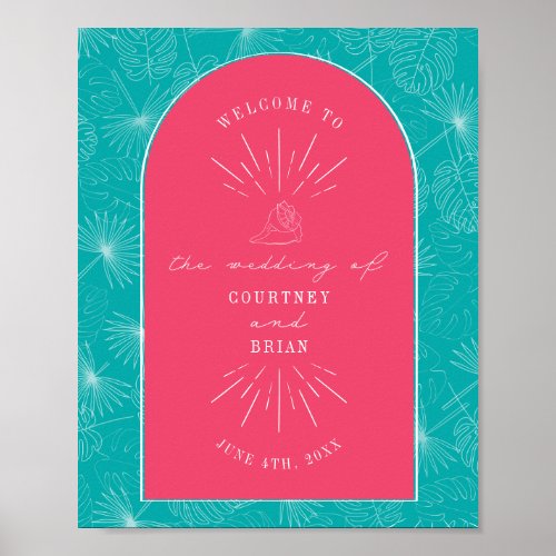 Palm Leaves Seashell Pink Blue Wedding Poster