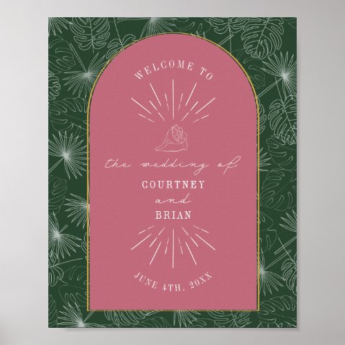 Palm Leaves Seashell Pink Green Wedding Welcome Poster