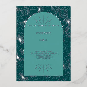 Palm Leaves Seashell Teal Tropical Beach Wedding Foil Invitation