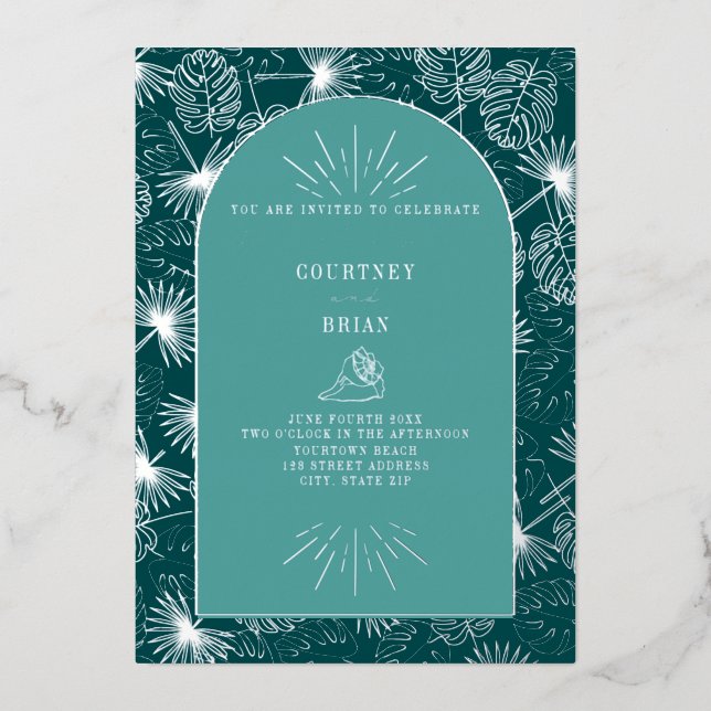 Palm Leaves Seashell Teal Tropical Beach Wedding Foil Invitation (Front)