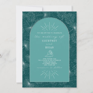 Palm Leaves Seashell Teal Tropical Wedding Invitation