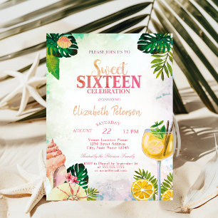 Palm Leaves Seashells Cocktail Summer Sweet 16 Invitation