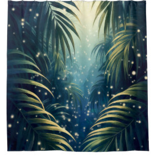 Palm leaves sparkled by moonshine and fireflies shower curtain
